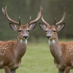 Two beautiful deer, their horns locked together in a peaceful display of nature.