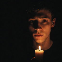 Inside a completely dark room, a single candle is lit, casting a warm, flickering glow on the face of an inspired young man.