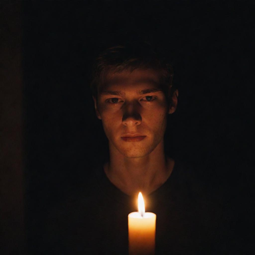 Inside a completely dark room, a single candle is lit, casting a warm, flickering glow on the face of an inspired young man.