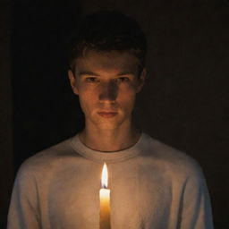 Inside a completely dark room, a single candle is lit, casting a warm, flickering glow on the face of an inspired young man.