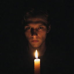 Inside a completely dark room, a single candle is lit, casting a warm, flickering glow on the face of an inspired young man.