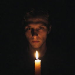 Inside a completely dark room, a single candle is lit, casting a warm, flickering glow on the face of an inspired young man.