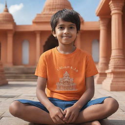 Create a 3D illustration of a boy with an orange t-shirt, 'Saksham' written on the back, sitting facing a detailed temple.