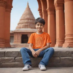 Create a 3D illustration of a boy with an orange t-shirt, 'Saksham' written on the back, sitting facing a detailed temple.