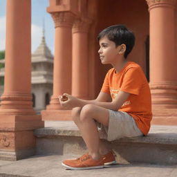 Create a 3D illustration of a boy with an orange t-shirt, 'Saksham' written on the back, sitting facing a detailed temple.