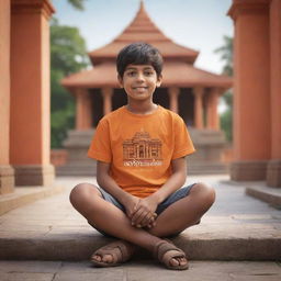 Create a 3D illustration of a boy with an orange t-shirt, 'Saksham' written on the back, sitting facing a detailed temple.