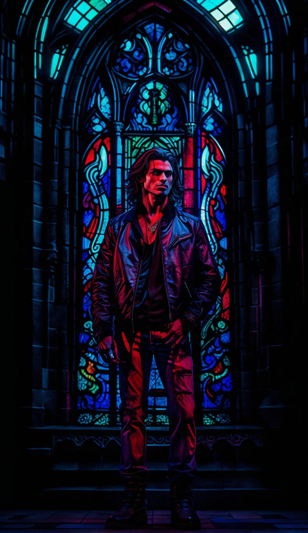 Lowlight candid photograph of a modern vampire in street fashion, standing in front of a stained glass window. The dim light creates a moody atmosphere, highlighting the vampire's serene expression.