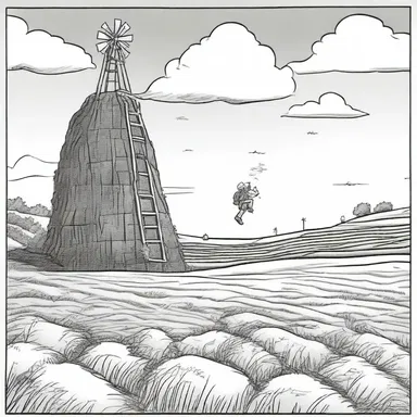 In the comic strip, the character climbed up the rick of hay to get a better view of the field.