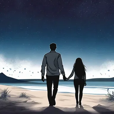 As they strolled hand in hand under the starry sky, he gently massaged her shoulders to relieve the rick in her back.