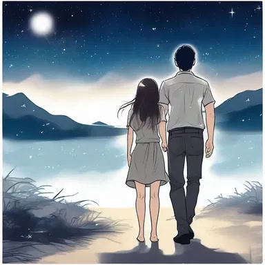 As they strolled hand in hand under the starry sky, he gently massaged her shoulders to relieve the rick in her back.
