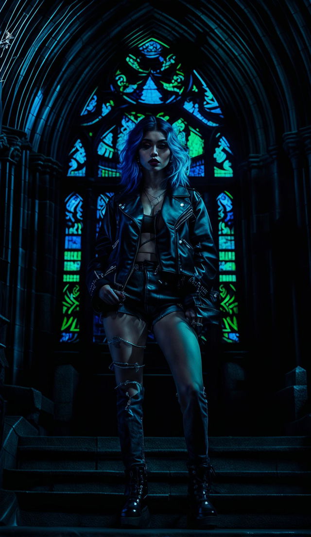 A Gen Z vampire woman in modern streetwear stands in a dimly lit gothic cathedral with stained glass windows.