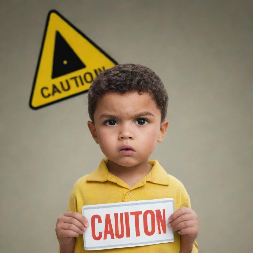 An animated style child with a serious expression, holding a caution sign