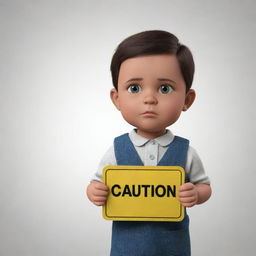 An animated style child with a serious expression, holding a caution sign