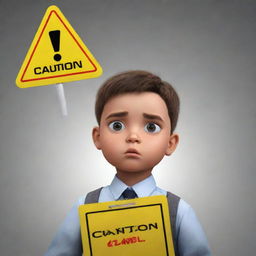 An animated style child with a serious expression, holding a caution sign