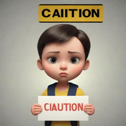 An animated style child with a serious expression, holding a caution sign