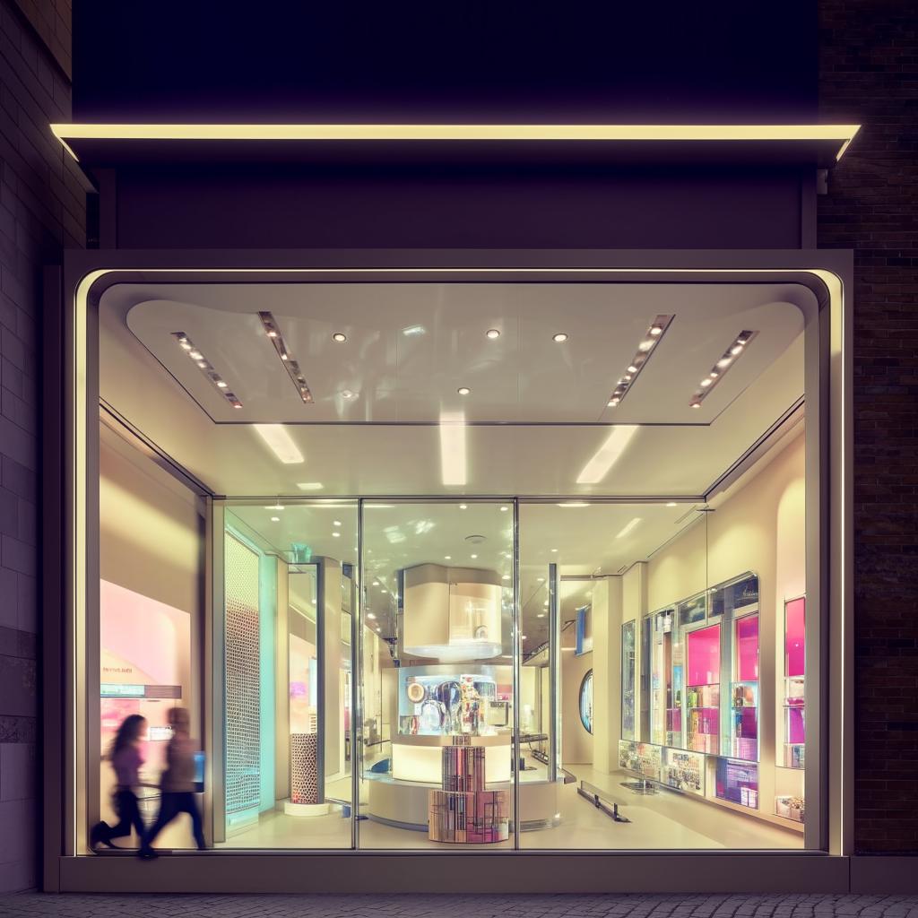 Cosmetic shop's front featuring large glass windows, modern signage, and pedestrians admiring a creative window product display.