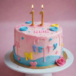 A beautifully decorated girl's birthday cake with 'Happy New Year Lara' elegantly written on the cake in colorful icing