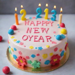 A beautifully decorated girl's birthday cake with 'Happy New Year Lara' elegantly written on the cake in colorful icing