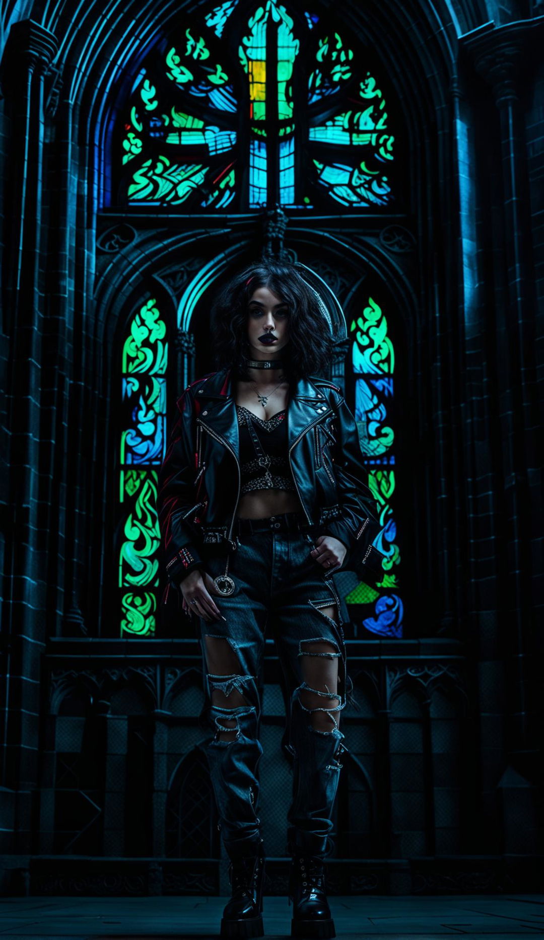 A Gen Z vampire woman in vibrant streetwear stands in a gothic cathedral with a large, colorful stained glass window.