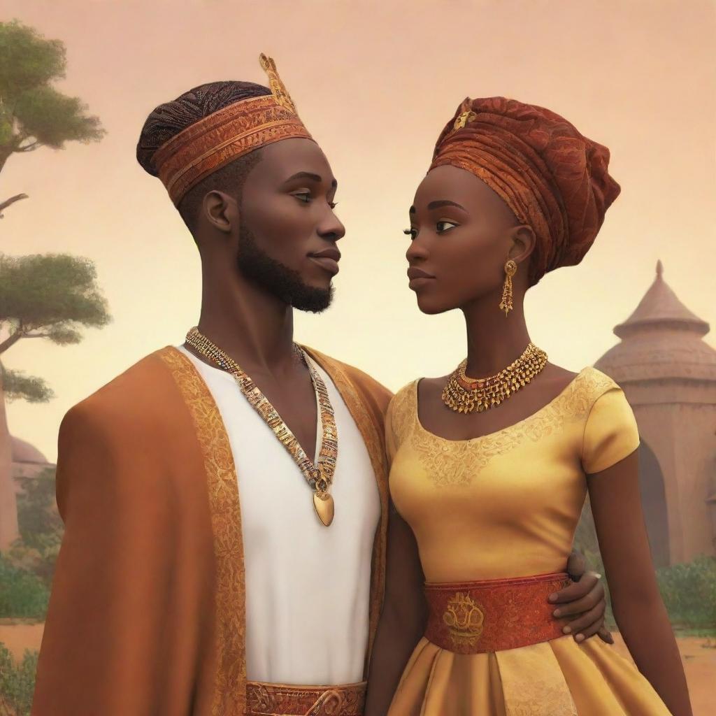 For an AI-animated African tale, illustrate Amina's story spreading far and wide, turning into a legend of love, resilience, and timeless connection. Highlight the dynamic between a wise African woman and a prince who looked beyond appearances to recognize the true essence of a kindred spirit.