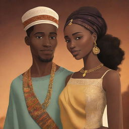 For an AI-animated African tale, illustrate Amina's story spreading far and wide, turning into a legend of love, resilience, and timeless connection. Highlight the dynamic between a wise African woman and a prince who looked beyond appearances to recognize the true essence of a kindred spirit.