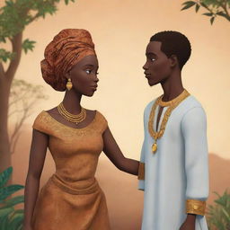 For an AI-animated African tale, illustrate Amina's story spreading far and wide, turning into a legend of love, resilience, and timeless connection. Highlight the dynamic between a wise African woman and a prince who looked beyond appearances to recognize the true essence of a kindred spirit.