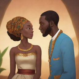 For an AI-animated African tale, illustrate Amina's story spreading far and wide, turning into a legend of love, resilience, and timeless connection. Highlight the dynamic between a wise African woman and a prince who looked beyond appearances to recognize the true essence of a kindred spirit.