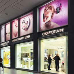 Cosmetic shop's front featuring large glass windows, modern signage, and pedestrians admiring a creative window product display.