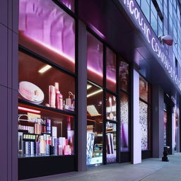 Cosmetic shop's front featuring large glass windows, modern signage, and pedestrians admiring a creative window product display.