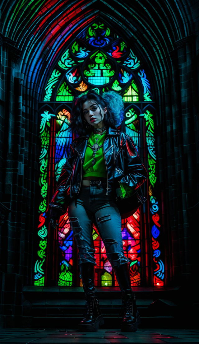 A Gen Z vampire woman in vibrant streetwear stands in a gothic cathedral with a massive, multicolored stained glass window.