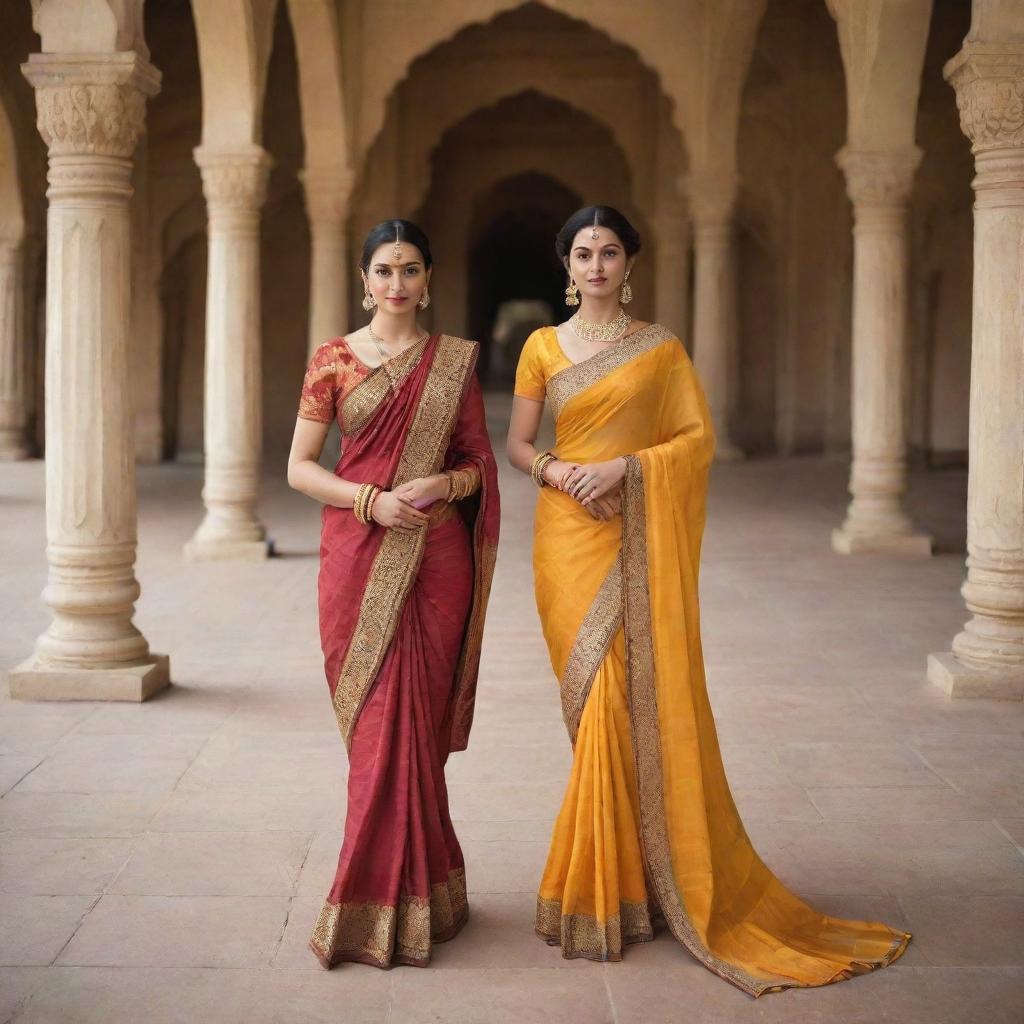 Two elegant women adorning luxurious Indian saris, posing regally in a lavish, historical Indian kingdom.