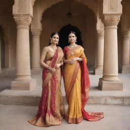 Two elegant women adorning luxurious Indian saris, posing regally in a lavish, historical Indian kingdom.