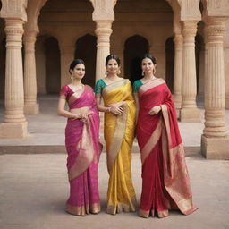 Two elegant women adorning luxurious Indian saris, posing regally in a lavish, historical Indian kingdom.