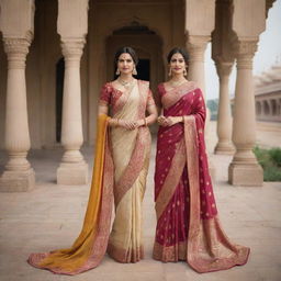 Two elegant women adorning luxurious Indian saris, posing regally in a lavish, historical Indian kingdom.