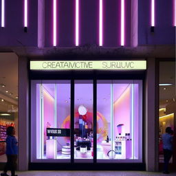 Cosmetic shop's front featuring large glass windows, modern signage, and pedestrians admiring a creative window product display.