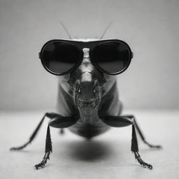 A monochrome image of a cockroach standing upright wearing black goggles.