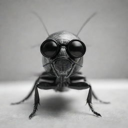 A monochrome image of a cockroach standing upright wearing black goggles.