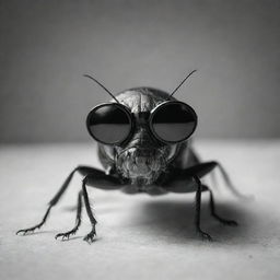 A monochrome image of a cockroach standing upright wearing black goggles.