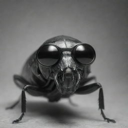 A monochrome image of a cockroach standing upright wearing black goggles.