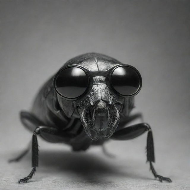 A monochrome image of a cockroach standing upright wearing black goggles.