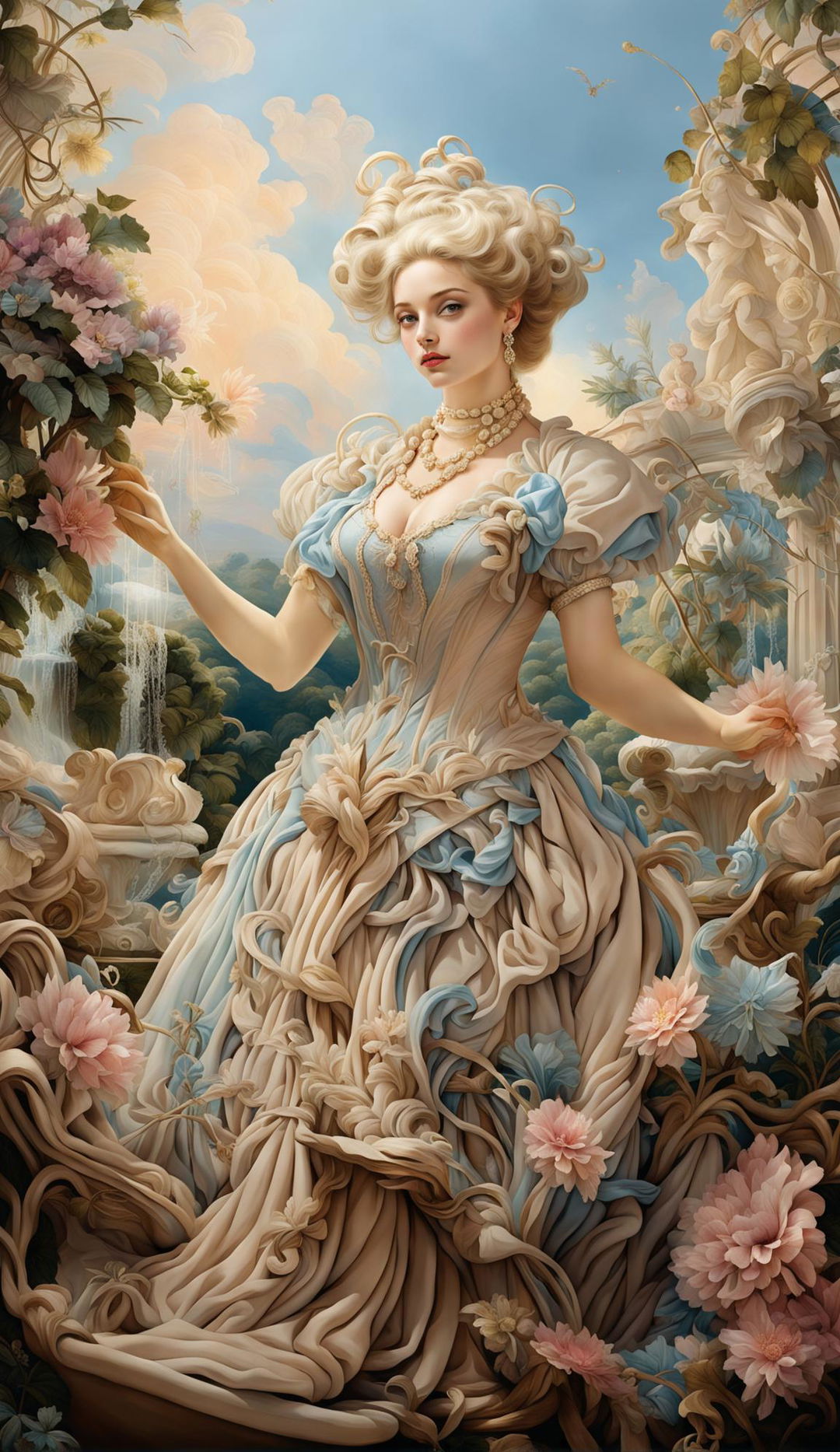 Rococo painting of a classic beauty in pastel gown manipulating plants with her powers in a lush garden.