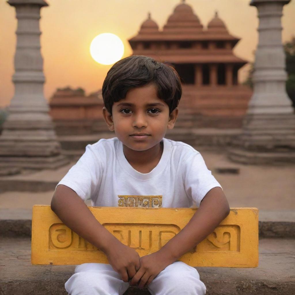 A 3D image of a youthful boy named Suman, sitting before the God Ram Temple, wearing a white t-shirt with 'Anup' visibly written in large letters and a smaller 'Ram'. A sunset imbues the scene with an enchanting yellow hue.