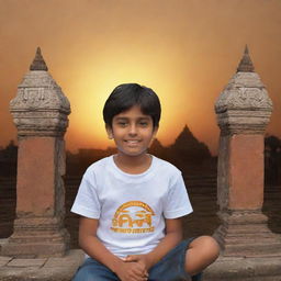 A 3D image of a youthful boy named Suman, sitting before the God Ram Temple, wearing a white t-shirt with 'Anup' visibly written in large letters and a smaller 'Ram'. A sunset imbues the scene with an enchanting yellow hue.