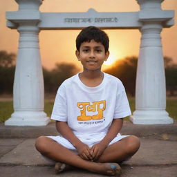 A 3D image of a youthful boy named Suman, sitting before the God Ram Temple, wearing a white t-shirt with 'Anup' visibly written in large letters and a smaller 'Ram'. A sunset imbues the scene with an enchanting yellow hue.