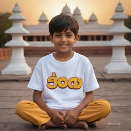 A 3D image of a youthful boy named Suman, sitting before the God Ram Temple, wearing a white t-shirt with 'Anup' visibly written in large letters and a smaller 'Ram'. A sunset imbues the scene with an enchanting yellow hue.