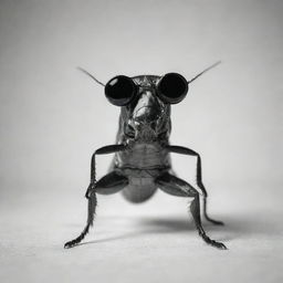 A monochrome image of a cockroach standing on two legs wearing black goggles.