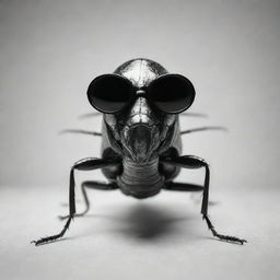 A monochrome image of a cockroach standing on two legs wearing black goggles.