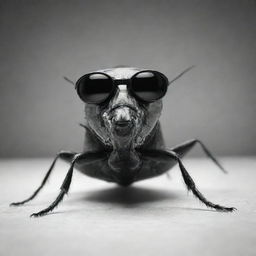 A monochrome image of a cockroach standing on two legs wearing black goggles.