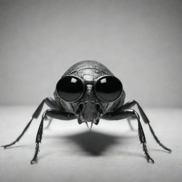 A monochrome image of a cockroach standing on two legs wearing black goggles.