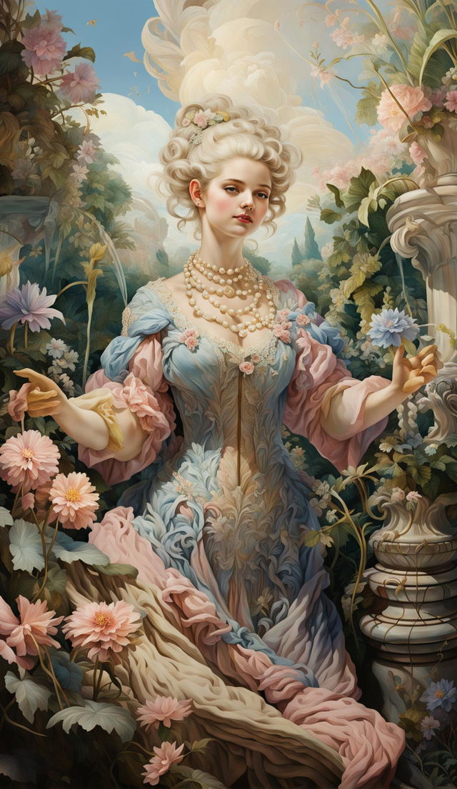 Rococo painting of a classic beauty with anatomically correct hands, in pastel gown, manipulating plants with her powers in a lush garden.